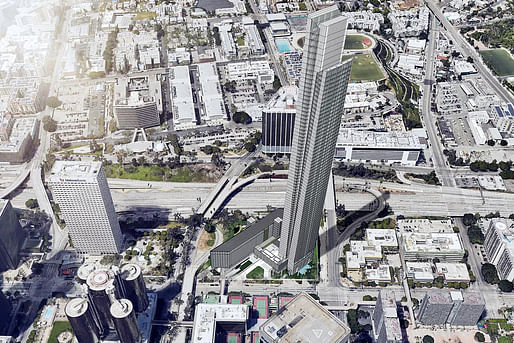 Aerial-view rendering of the proposed tower at 333 South Figueroa Street. Image: DiMarzio | Kato Architecture, via la.curbed.com.