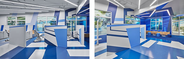 Exam Wing Open Bays and Waiting | The exam wing allows for a quick check-up in an open and airy but private space, while the waiting area is a monochromatic focal point to emphasize the tripartite planning and adjoining color scheme