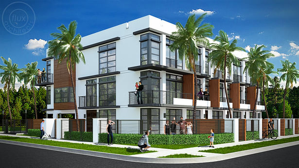 Front facade of townhouses in Coconut Grove, Miami. Modern, contemporary, sleek, architecture, design.