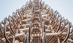 Hello Wood uses 365 sleighs to build an 11-meter Christmas tree in Budapest