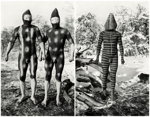(Left) Martin Gusinde, The Short spirits Télil, representing the sky of rain (northern sky), and Shénu, representing the sky of wind (western sky), Selk’nam people, 1923. Piezographic carbon pigment print, 39 × 28 cm. (Right) Martin Gusinde Terre de Feu, Argentine et Chili (1886-1969, né...
