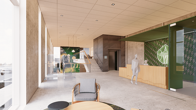 West lobby. Interior render courtesy of ZGF Architects / Shive-Hattery Architects.