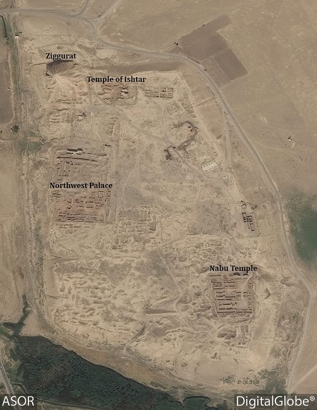 This DigitalGlobe satellite photo from August 31, 2016 shows the Ziggurat and Temple of Ishtar at Nimrud still intact. Image via ASOR Cultural Heritage Initiatives Facebook page.