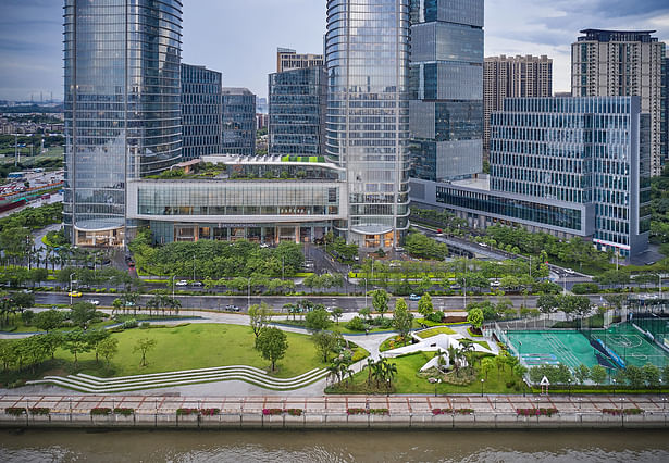 A view of 'The Earth' from the Pearl River. The architecture and Sports Park are the visual centers of the business district overlooking the riverfront.