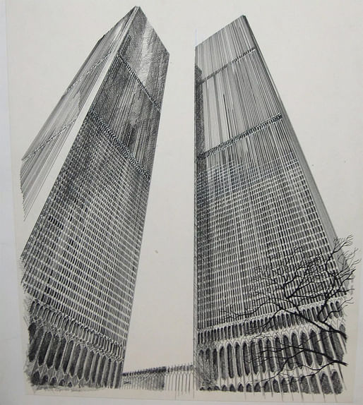 Drawing of the WTC Twin Towers by Carlos Diniz (1928–2001). Image courtesy Mark Cuban.