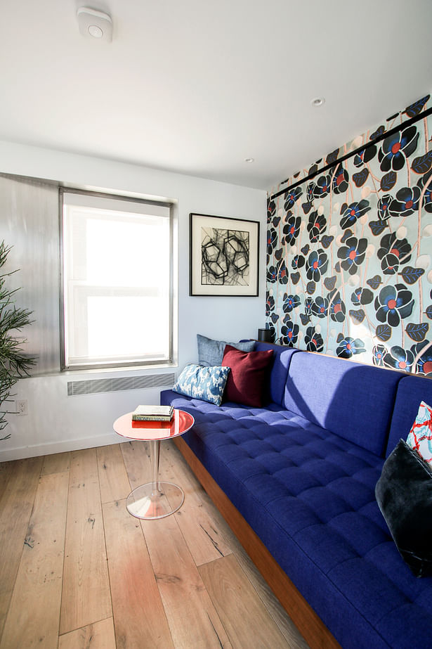 A TV Room / Guest Bedroom Introduces a Graphic Floral Wallpaper Behind the Royal Blue Daybed