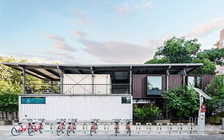 Container Bar, built from shipping containers, in Austin, Texas. Courtesy of North Arrow Studio.