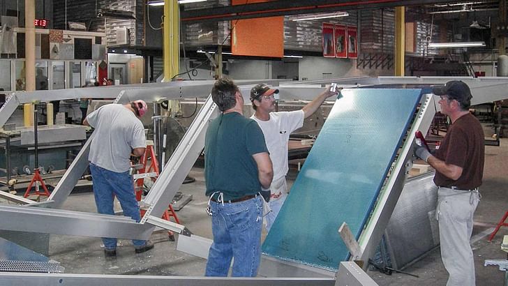 Zahner’s fabrication team assembling the Cooper Union façade at their Kansas City facility. Image courtesy of Bill Zahner.