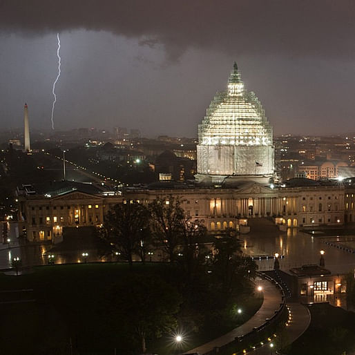 The Capitol dome fully clad in scaffolding in April of 2015. (Image via @uscapitol on Instagram)