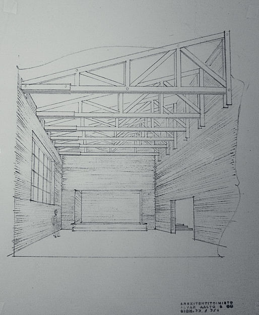Study perspective of the main council room of Säynätsalo Townhall