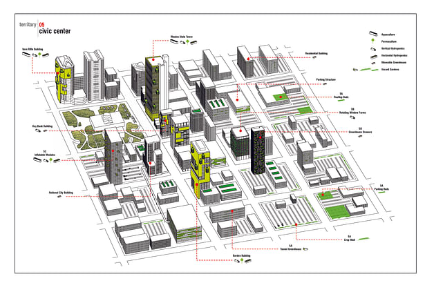 Axon Drawing of Projects of Multiple Students Across Downtown Columbus
