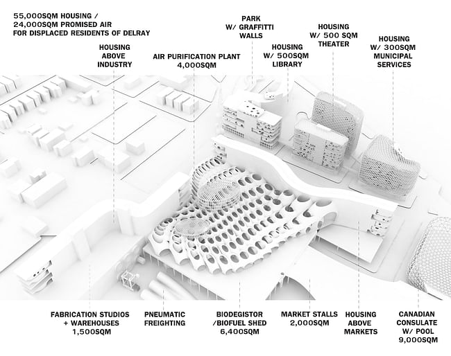 A(n) Office project combining housing with air purification plant, pneumatic freighting, bio-fuel related industry, and the Canadian Consulate. 