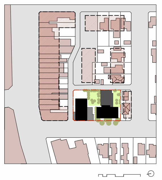 Site Plan within present context, showing future context hatched