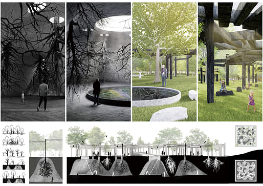 1st Prize Winner 'The Memorial of the Tree' by Jiaxun Song, Xinyue Dong, Zehong Zhang. Image courtesy Buildner