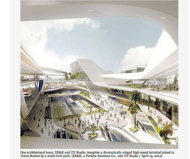 One architectural team, EE&K and UN Studio, imagines a dramatically winged high-speed terminal joined to Union Station by a multi-level park. (EE&K, a Perkins Eastman Co., and UN Studio : April 19, 2012)