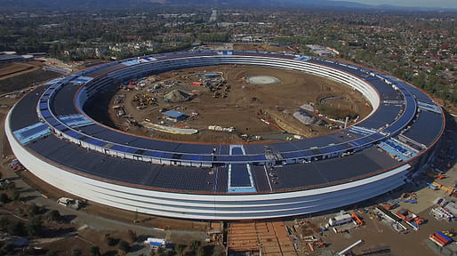 Still from the latest drone construction video of Apple's 'Spaceship Campus' in Cupertino. (Image: Matthew Roberts on YouTube)