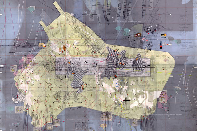 David’s Island Strategic Plot Drawing made: 1996-97 Drawing size: 24” x 36” Materials: Mylar, graphite, ink, tape, found imagery, x-rays, foil, photographs, transfer letters + trasnfer film, cut paper. © Perry Kulper