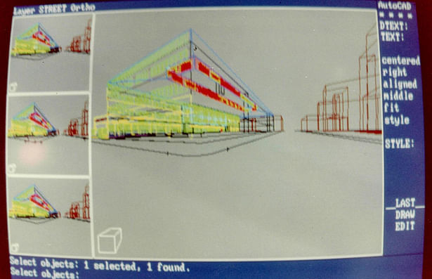 Autocad 10, 11 and 12 was the only choice to produce construction documents. To produce renderings was a different story due to the software and hardware limitations. I created a 3D wireframe , made a print out of it and I finished at home using airbrush, color pencils, and some artistic skills.