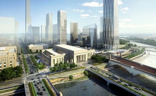 A rendering of the proposed Station Plaza view from east. Image © SOM