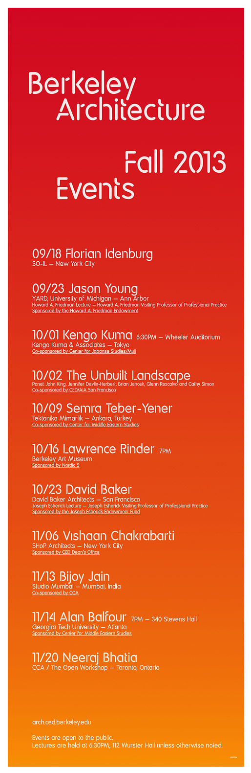 The silkscreen poster for the Fall '13 events at the UC Berkeley College of Environmental Design, Dept. of Architecture. Image courtesy of UC Berkeley CED.
