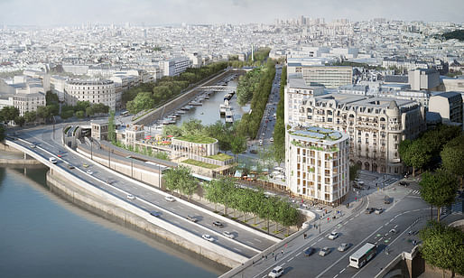 Aerial view from the Pont d’Austerlitz. In the foreground, the housing building and temporary pavilion. © SO – IL and laisné roussel (Weiss images)