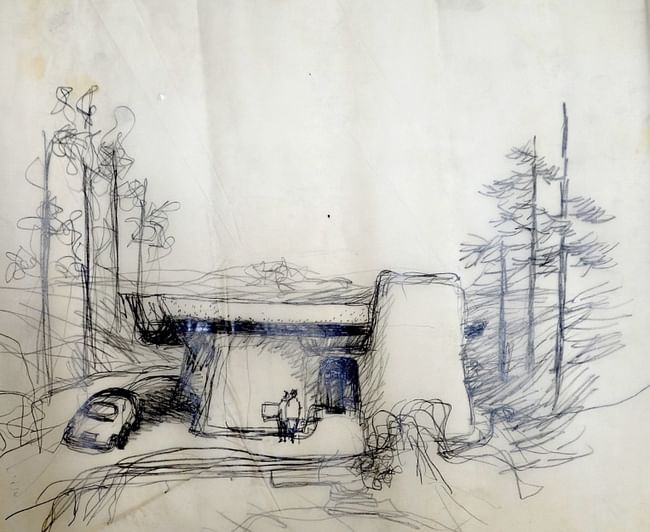 Frank Gehry, Greber Studio, Sketch1967, unbuilt, Beverly Glen, California, Frank Gehry Papers at the Getty Research Institute, © Frank O. Gehry.