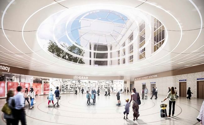 A new underground concourse, capped by a dramatic skylight, connects the subway and 30th Street Station. Image © SOM