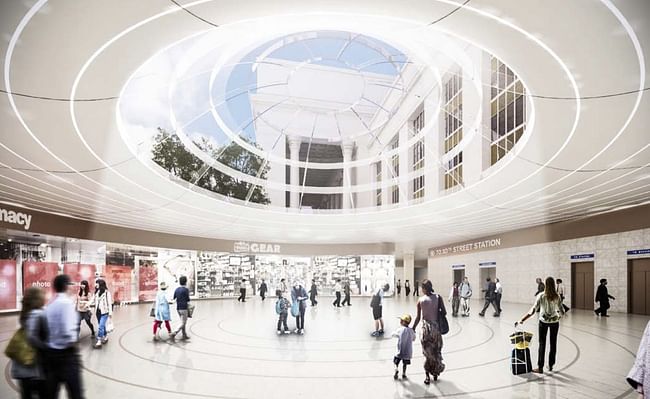 A new underground concourse, capped by a dramatic skylight, connects the subway and 30th Street Station. Image © SOM