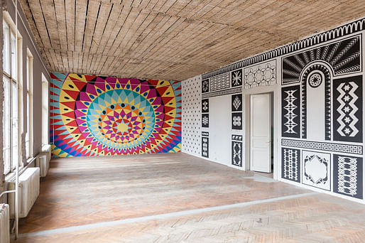 Work by Adam Nathaniel Furman (left) and MNPL Workshop (right); Exhibition, '12 Walls–Architecture and Contemporary Ornament'. Photo by Balázs Danyi.