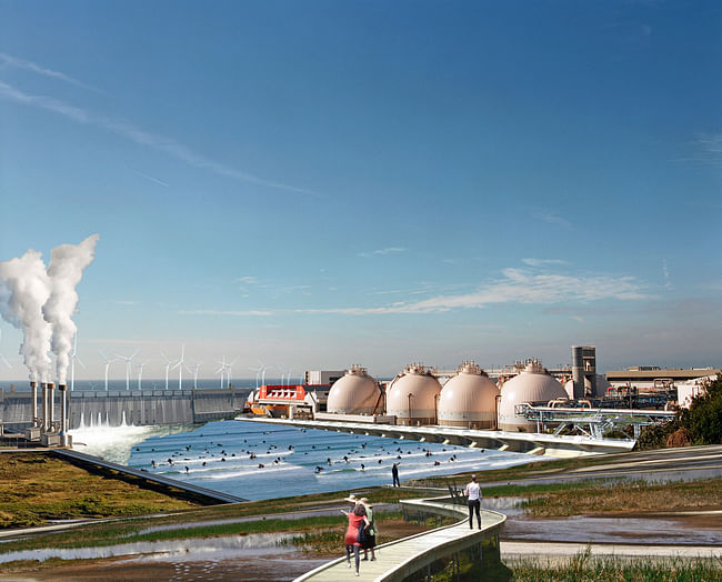 A present day image and future collage of the Hyperion Treatment Plant. The collage titled Hyperion Water Treatment Plant (1890-2061) - aka “The Toilet” is by Taalman Koch Architecture based in Los Angeles. Photograph by Noah Webb, collage by Taalman Koch Architects.