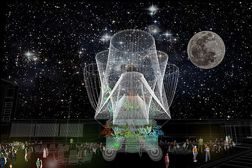 A night-time render of COSMO, which comprises a complex water filtration system. A rendering of COSMO by Andrés Jaques and the Office for Political Innovation, which will host the annual Warm Up series of concerts at MoMA PS1 and opens this Tuesday. Credit: Andrés Jaque / the Office for Political