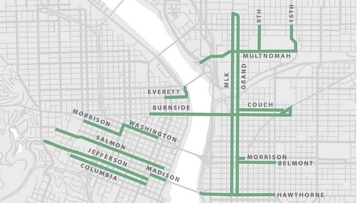 Map showing potential downtown Portland bus lane network. Image courtesy of PBOT / Regional ETC Pilot Program Candidate Enhanced Transit Locations.