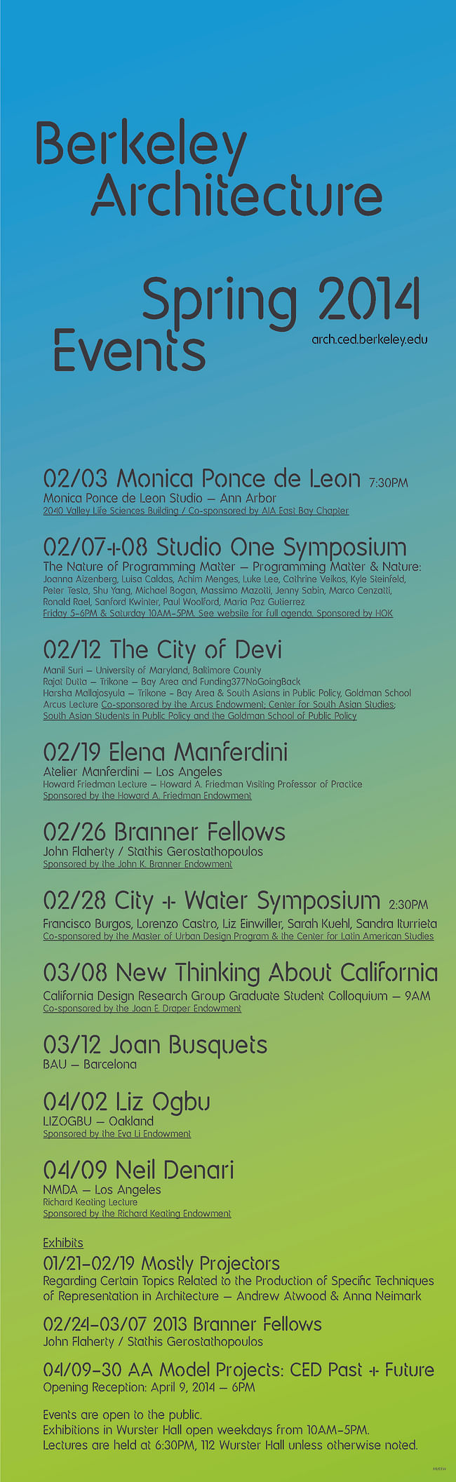 Enlarged version of UC Berkeley College of Environmental Design, Spring '14 lecture poster. Image courtesy of UC Berkeley CED.