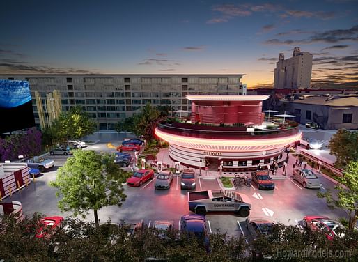 Speculative render of Tesla's proposed Diner, Drive-in theater, and Supercharge station by Ed Howard. Image render courtesy via Twitter <a href="https://twitter.com/HowardModels/status/1532849906628628482">@HowardModels</a>.