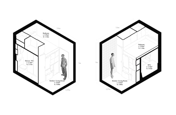 Two axonometries: We see the four spaces of the Cabanon: kitchen / living room, shower / wc, spa, and bedroom. Guido and Boston are still there to help us understand the scale. ©STAR-BOARD