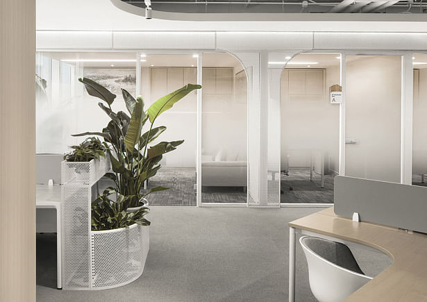 The visual transparency of materials and the utilization of green plants serve to maximize the potential of the spatial structure and create a calm, futuristic aesthetic with biotechnology themes.