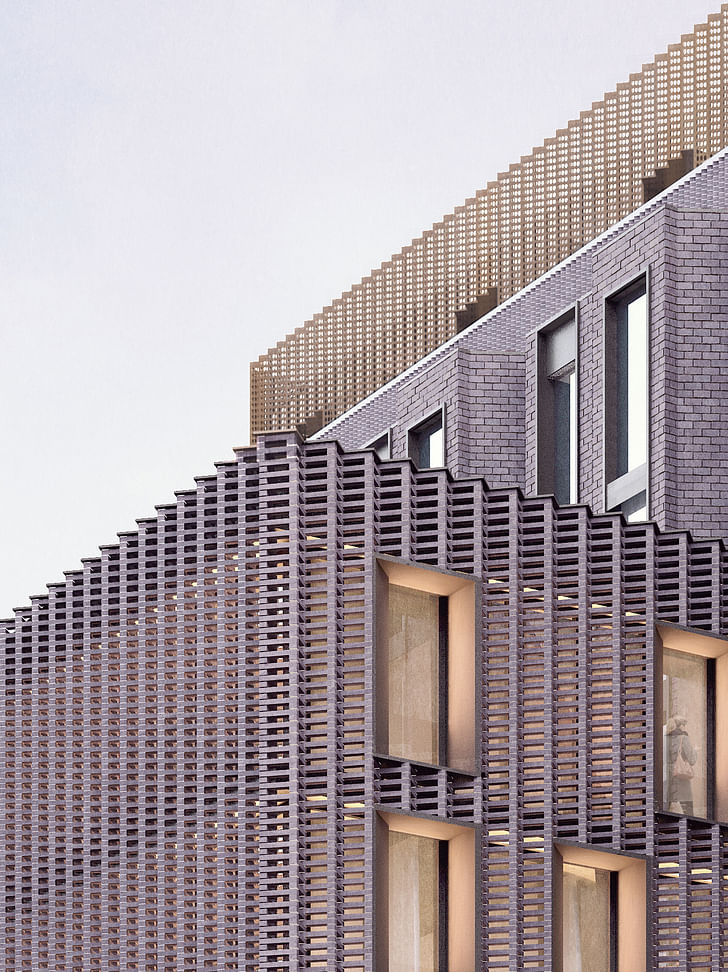 A render of York House which has a new contemporary self supporting perforate brick lattice created using the original engineering brick.