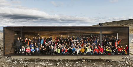 The Snøhetta team at one of its own prominent designs: the Tverrfjellhytta Norwegian Wild Reindeer Pavilion. Photo: Ketil Jacobsen. Image courtesy Snøhetta.