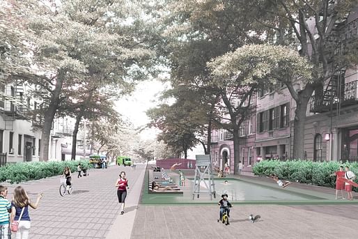 Rendering of potential for local streets with more public space and no private vehicles. Image: Perkins Eastman.