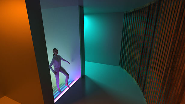 A stairway with color changing lights leads to the third floor (and phase) of the maze