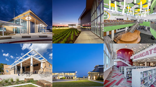 (Top L to R: Cheney Hills ES, Bill R. Johnson CTE Center, Strickland MS; Bottom L to R: Eastern Hills HS, Gerald D. Young Ag Center, Sherman HS)Photography provided by VLK Architects