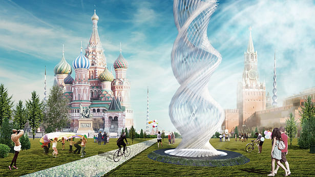 Oxygen City / Moscow, Russia The Oxygen Towers operate as air purifiers. They are filled with air filter combined with wind turbines which improve the air quality in the highly concentrated pollutants. As a significant structure scattered around the city the design is based on Russian architecture. “Oxygen City“ is a derivative of “Moscow July 2011-16“ by Alvesgaspar, used under CC BY-SA 3.0 and “St. Basil‘s Cathedral“ by Erik Charlton, used under CC BY 2.0 