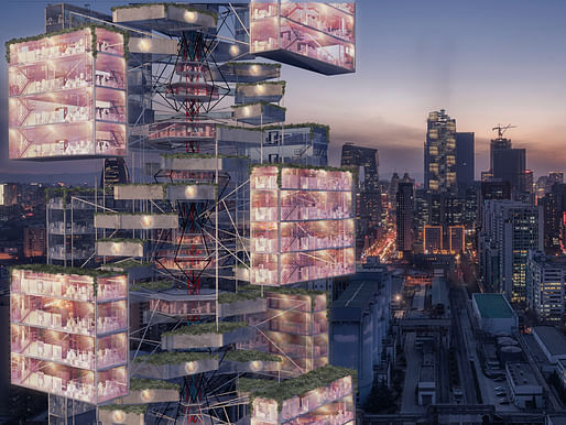 Winner of the 2020 EVOLO Skyscraper Competition: EPIDEMIC BABEL designed by D Lee, Gavin Shen, Weiyuan Xu, and Xinhao Yuan from China. All images courtesy of EVOLO Skyscraper Competition.