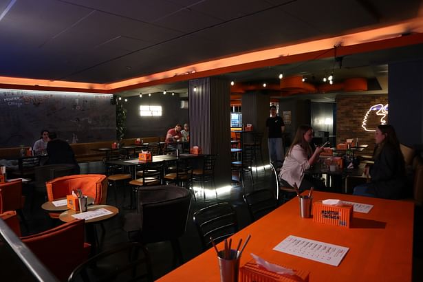 Second floor: the orange color is used for highlighting outlines of the ceiling, pipes, and tables.