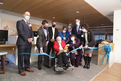 Ribbon cutting at Jefferson House, Hitchcock Unit are, from the top left: Eric Smullen, senior vice president of Hartford HealthCare Community Network; Jeffery Palmer of C.E. Floyd; Myles Brown of Amenta Emma Architects; Marie Penn, RN of Jefferson House; Sarah Shannon, RN of Jefferson House; Mike Daglio, executive vice president and chief operating officer of Hartford HealthCare; and Lisa Connolly, vice president of Hartford HealthCare Community Network. From the bottom left are Maria Lopez...