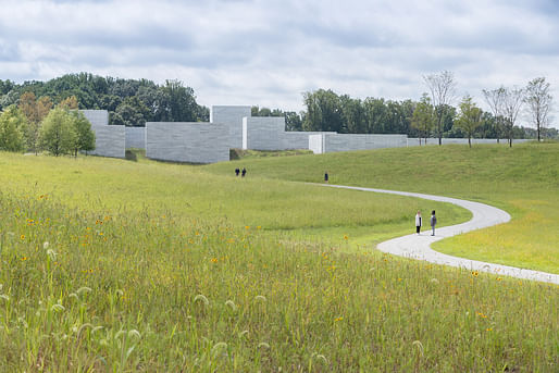 Approach to Glenstone Museum's new Thomas Phifer-designed 'Pavilions' building, embedded within a 130-acre landscape by Adam Greenspan and Peter Walker of PWP Landscape Architecture. Photo: Iwan Baan, courtesy of Glenstone Museum.