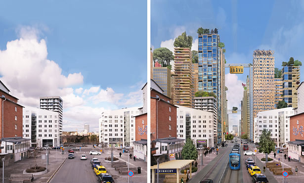 The city from the existing street Rinkebystråket before and after