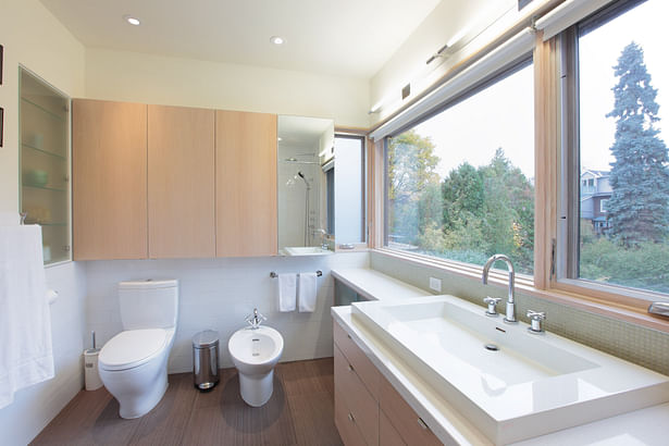 Glass, mirror, and cabinetry wrap the bathroom like a panorama