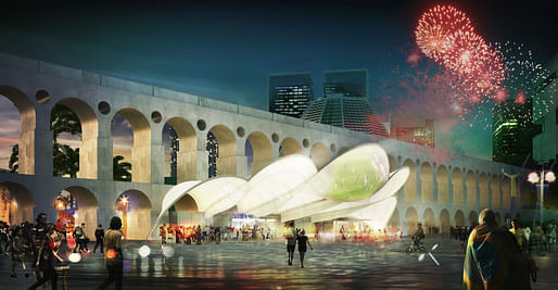 Night view of the competition-winning [RIO DE JANEIRO] Symbolic World Cup Structure entry by Mekene Architecture