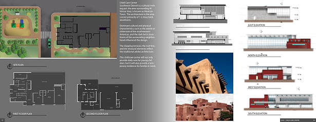 This day care is located in southwest Detroit, which is defined as a cultural melting pot for the city. This site in particular is in the Mexican Village area. Referencing adobe architectural styles (southwestern US and Mexico) and local materials (dark aged brick masonry) the design referenced both culture and location. 